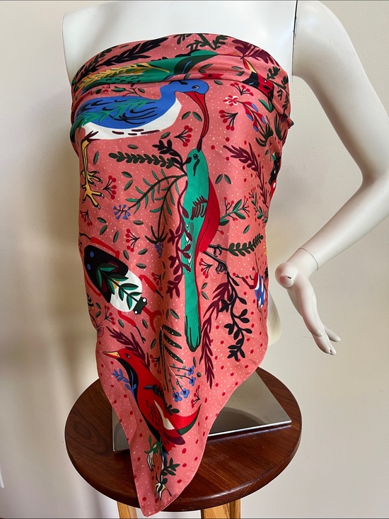 Vibrant Accessories - Vibrant Coral Bird & Botanical Print scarf Wrap handkerchief top accessory